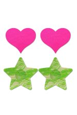 Fashion Pasties Set - Neon Pink Satin Heart and Neon Green Lace Star - Image 2