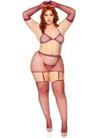 5 Pc Rhinestone Bikini Top G-String Garter Skirt, Gloves and Stockings - Queen Size - Burgundy - Image 2