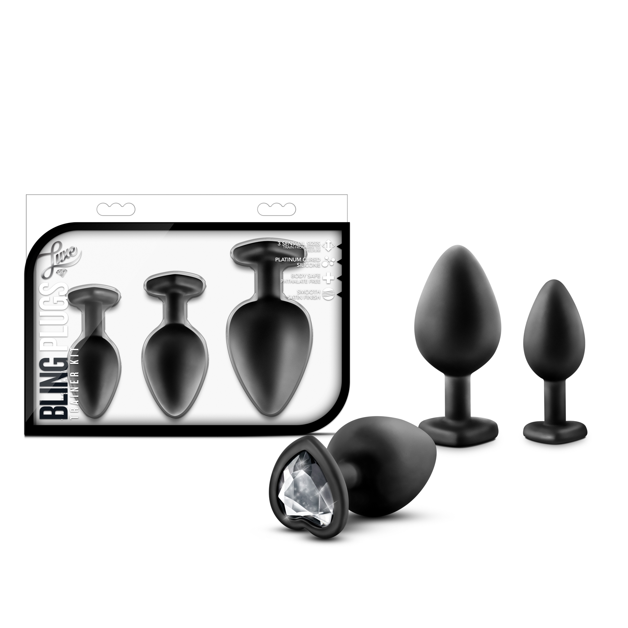 www.blushnovelties.com Luxe - Bling Plugs Training Kit - Black With White Gems - Image 1