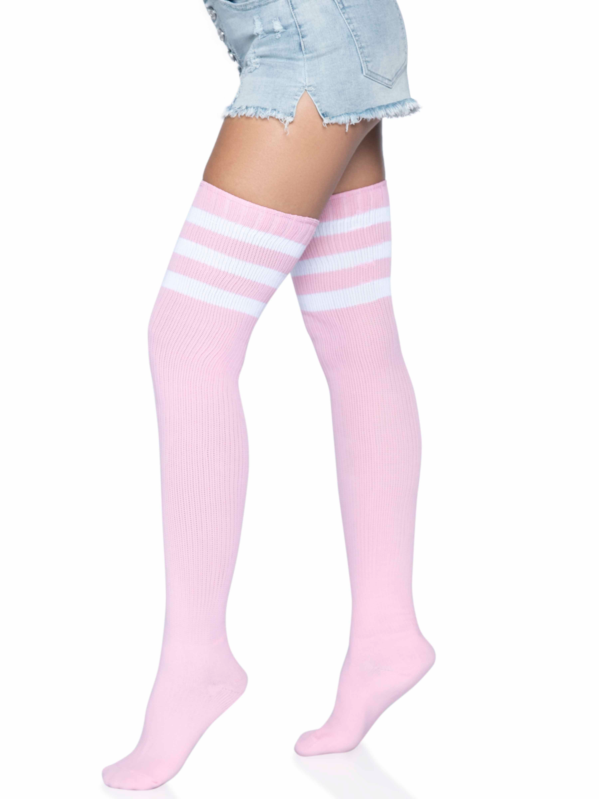HmpDingZydj4dWaCp9k91HhQFTRtHBDM 3 Stripes Athletic Ribbed Thigh Highs - One Size - Light Pink - Image 1