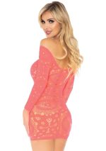 Crochet Lace Long Sleeve Mini Dress - Coral - One Size - Image 2