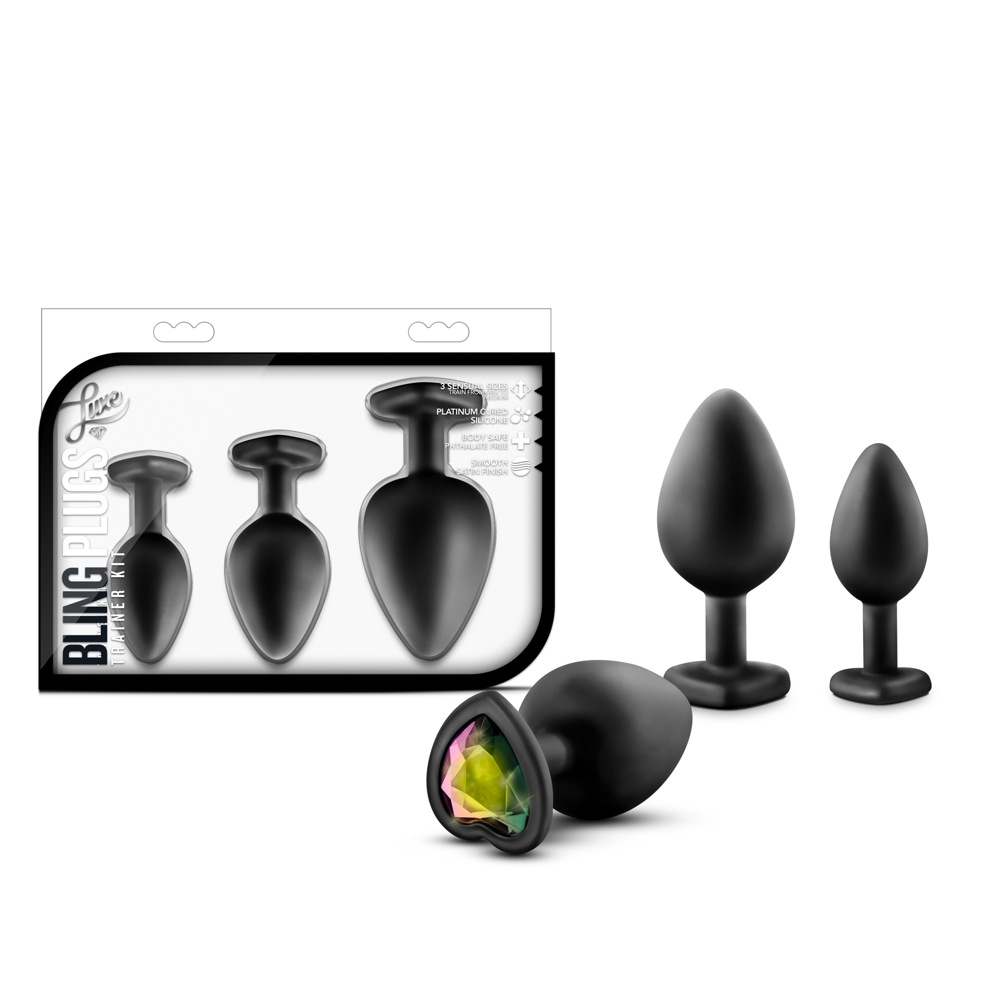 www.blushnovelties.com Luxe - Bling Plugs Training Kit - Black with Rainbow Gems - Image 1