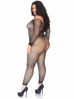 Crystalized Seamless Fishnet Long Sleeved Bodystocking - 1x/2x - Black