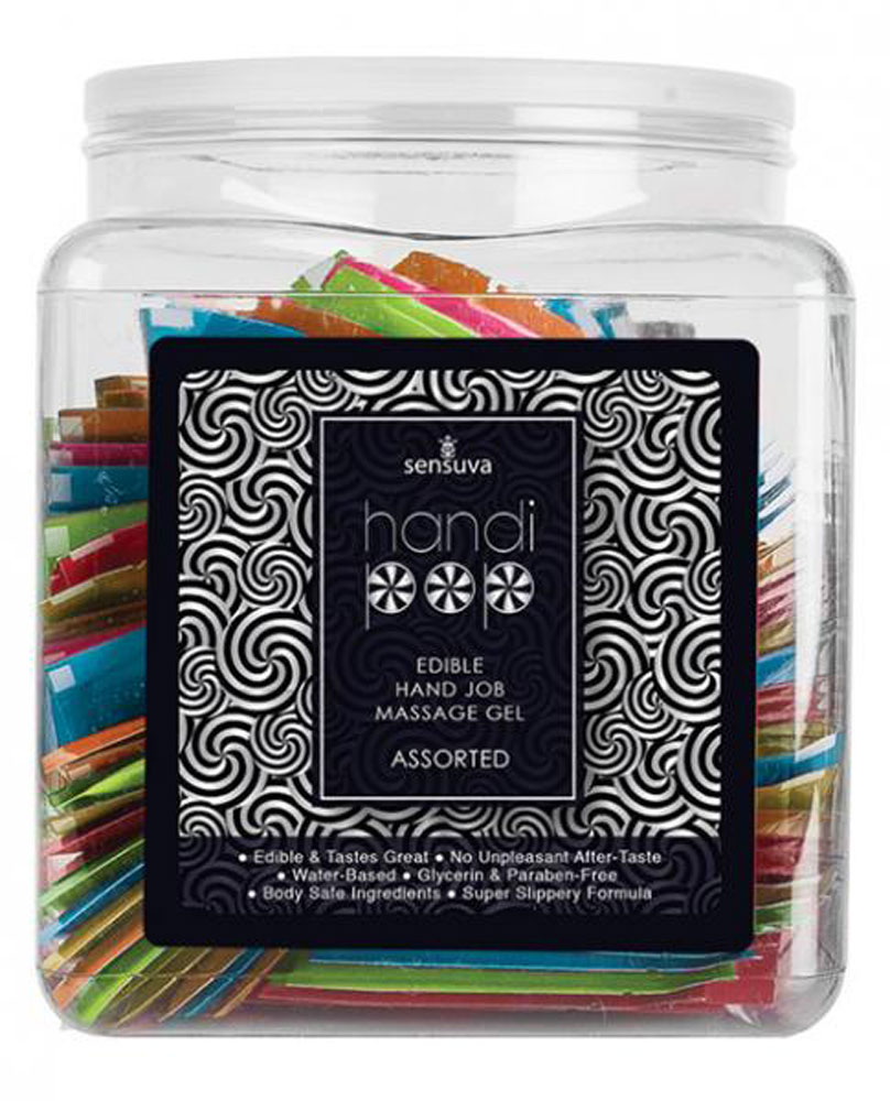 N4YzP1gLy0exePYGD5Feo5UgfhT65G0E Handipop Hand Job Massage Gel Assorted Flavor - 100 Piece Single Use Packet Tub - Image 1