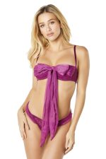 2 Pc Functional Tie Shelf Cup Bra and Ruched Back Tanga - Amaranth - L/xl