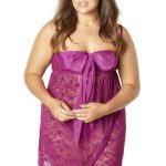 Lace Empire Babydoll With Functional Tie Shelf Cups G-String - Amaranth - 3x4x