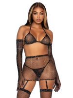 5 Pc Rhinestone Bikini Top G-String Garter Skirt, Gloves and Stockings - One Size - Black - Image 5