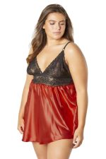 Lace Cup Satin Empire Body Babydoll With Contrast Color Piping + G-String - Black/red - 3x4x
