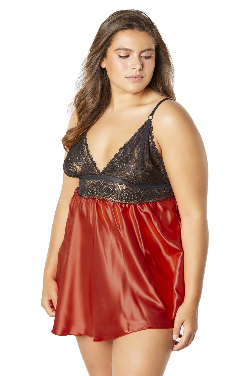 TlxJOas6IW9yFWT3pQRhPIV0v33dckA3 Lace Cup Satin Empire Body Babydoll With Contrast Color Piping + G-String - Black/red - 3x4x - Image 1