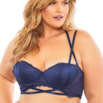 Lace Push Up Balconette Bra With Crossing Halter Straps - Estate Blue - 2x