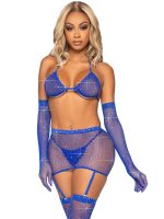 5 Pc Rhinestone Bikini Top G-String Garter Skirt, Gloves and Stockings - One Size - Royal Blue - Image 5