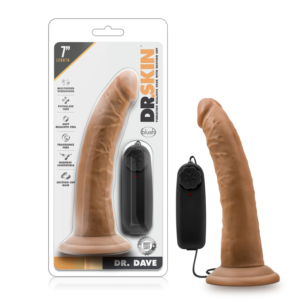 www.blushnovelties.com Dr. Skin - Dr. Dave - 7 Inch Vibrating Cock With Suction Cup - Mocha - Image 1