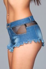 Denim Shorts With Fishnet Top Trimming and Fringe Bottom Details - Small - Image 3