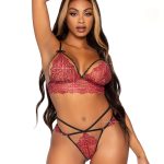 2 Pc Rhinestone Lace Bralette and G-String Set - Medium - Burgundy
