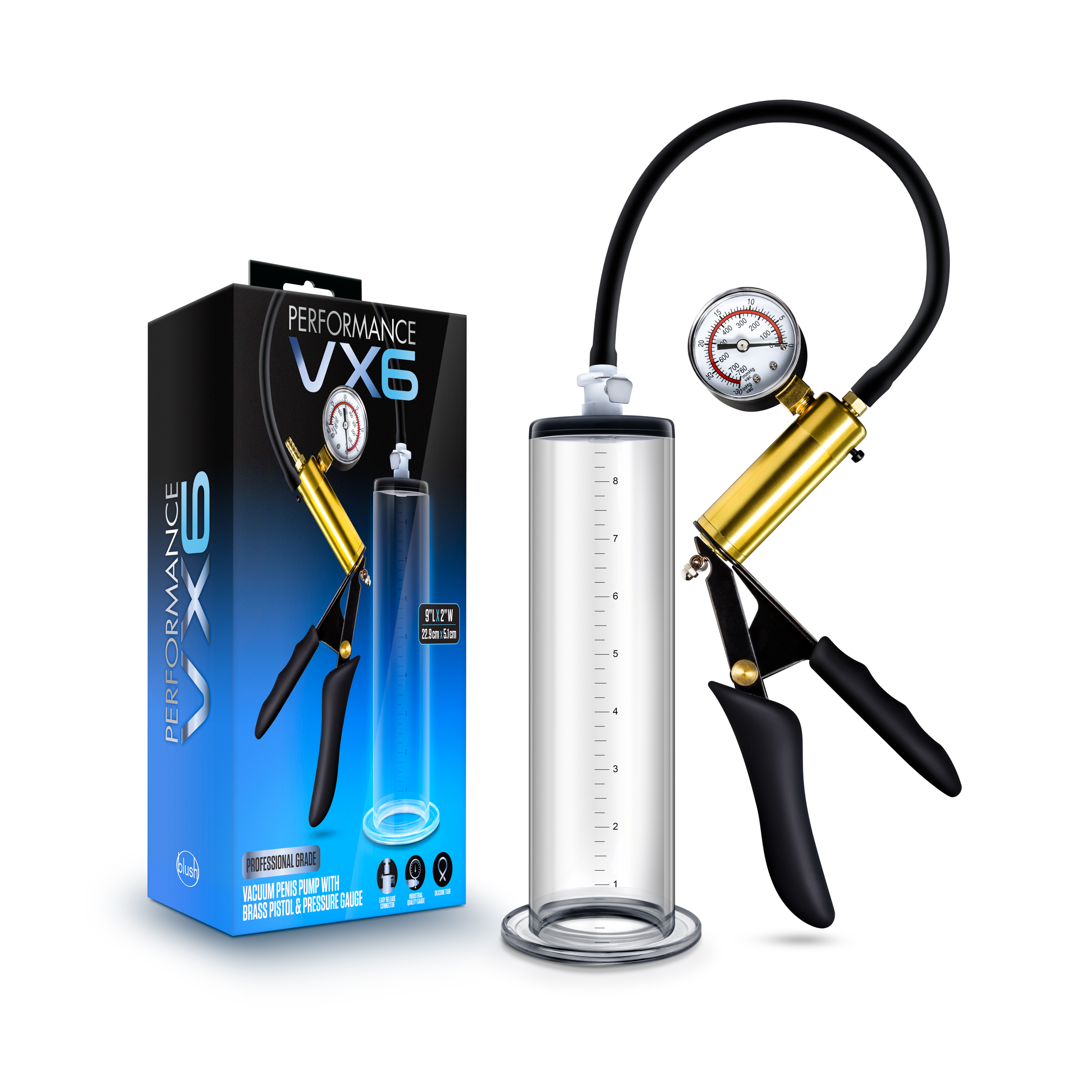 www.blushnovelties.com Performance - Vx6 Vacuum Penis Pump With Brass Pistol & Pressure Gauge - Clear - Image 1