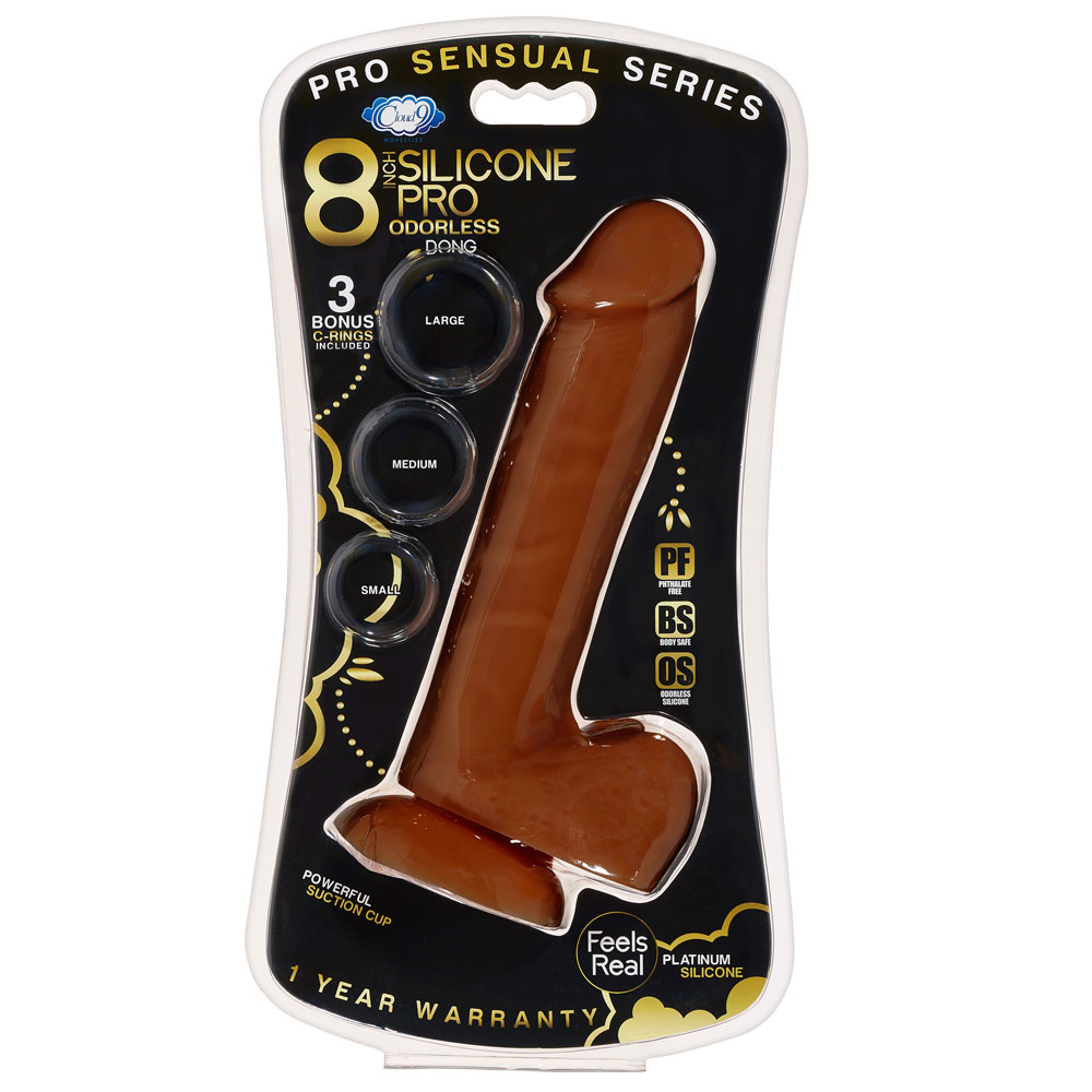 X6iWz18hx5f74BMSNlYlFANj3J7aQhdq Pro Sensual Premium Silicone 8 Inch Dong With 3 Cockrings - Brown - Image 1