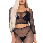2 Pc Rhinestone Fishnet Crop Top and Biker Shorts - Black - One Size