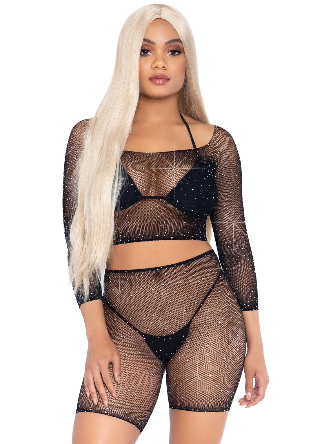 XMjIrfQR25yUiZzGJ0pbLhLdAcpV4iNU 2 Pc Rhinestone Fishnet Crop Top and Biker Shorts - Black - One Size - Image 1