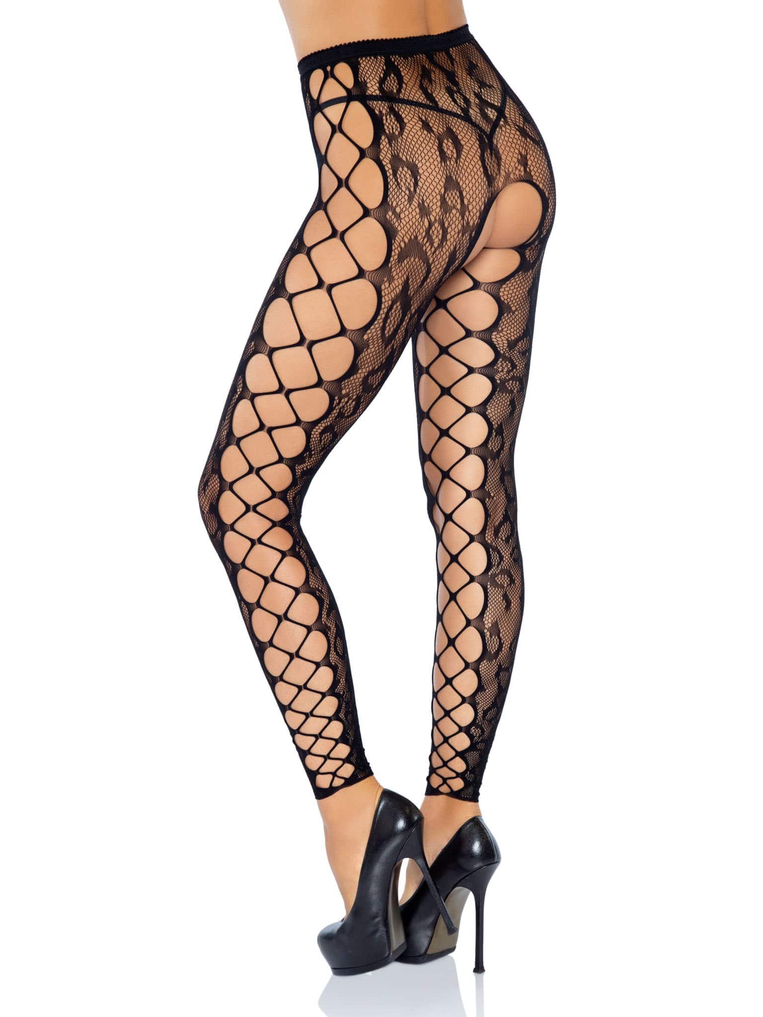 XiDeXoeyAfXDKxZLMCMSpCFPZii82Zqg Footless Leopard Lace Crotchless Tights - Black - Image 1