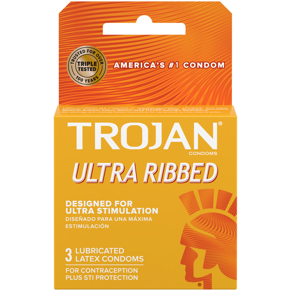 YvWGU1uP Trojan Stimulations Ultra Ribbed Lubricated Condoms - 3 Pack - Image 1