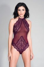 High Neck Scalloped Trim Lace Teddy With Sheer Back - One Size - Burgundy - Image 5