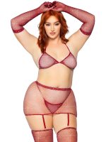 5 Pc Rhinestone Bikini Top G-String Garter Skirt, Gloves and Stockings - Queen Size - Burgundy - Image 4
