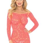Crochet Lace Long Sleeve Mini Dress - Coral - One Size