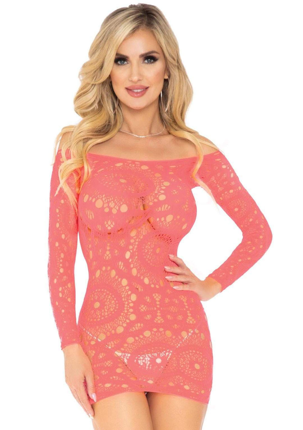 aafphEw0Dp9oDYIgqYJTVBatB3IU5GG1 Crochet Lace Long Sleeve Mini Dress - Coral - One Size - Image 1