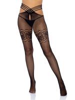 Strappy Wrap Around Crotchless Fishnet Tights With Lace Garter Detail - One Size - Black - Image 2