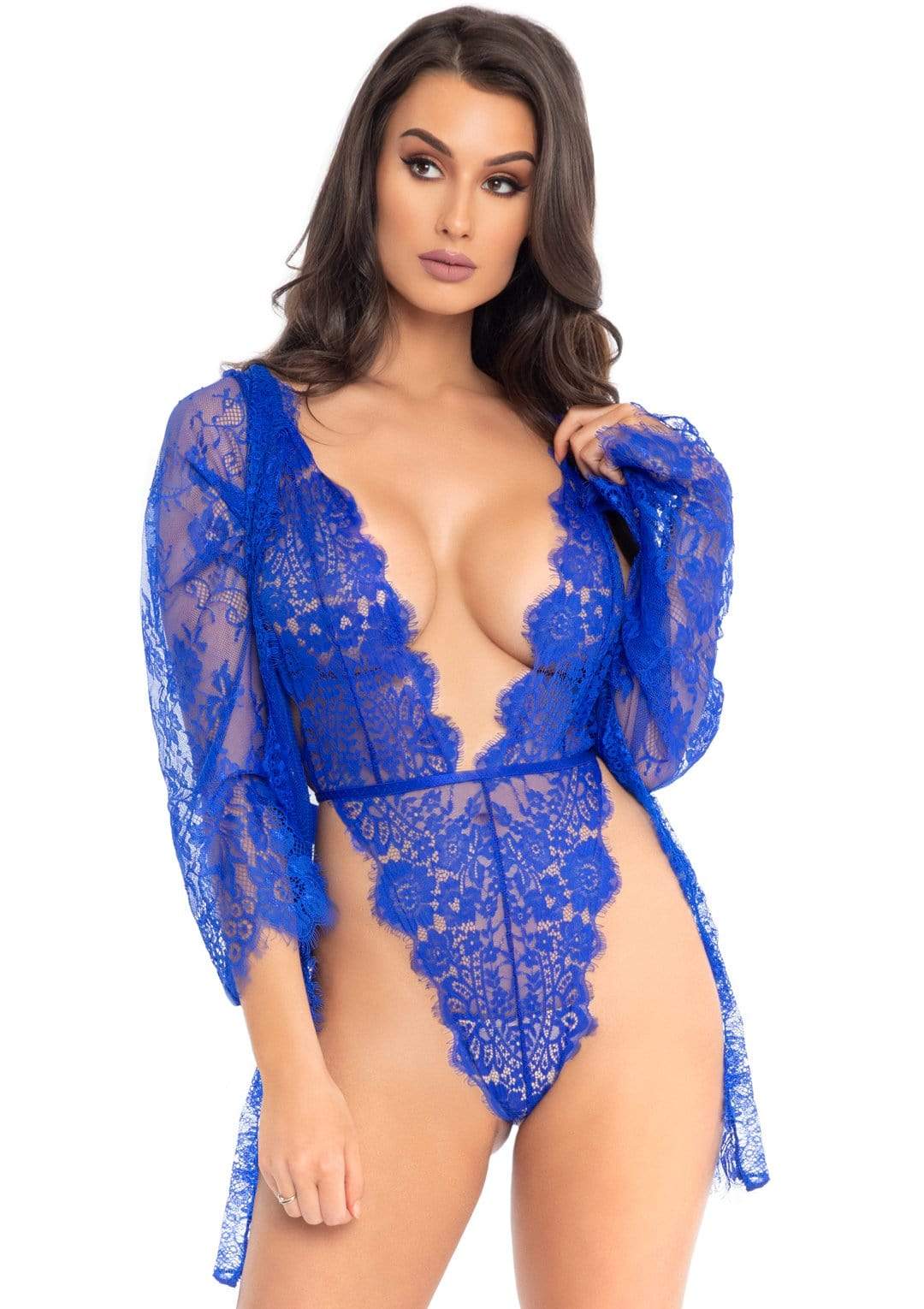 dE9D9Ef5UCaGxWjdS9bNYm2rYaBP2HF8 3pc Lace Teddy and Robe Set - Royal Blue - Large - Image 1