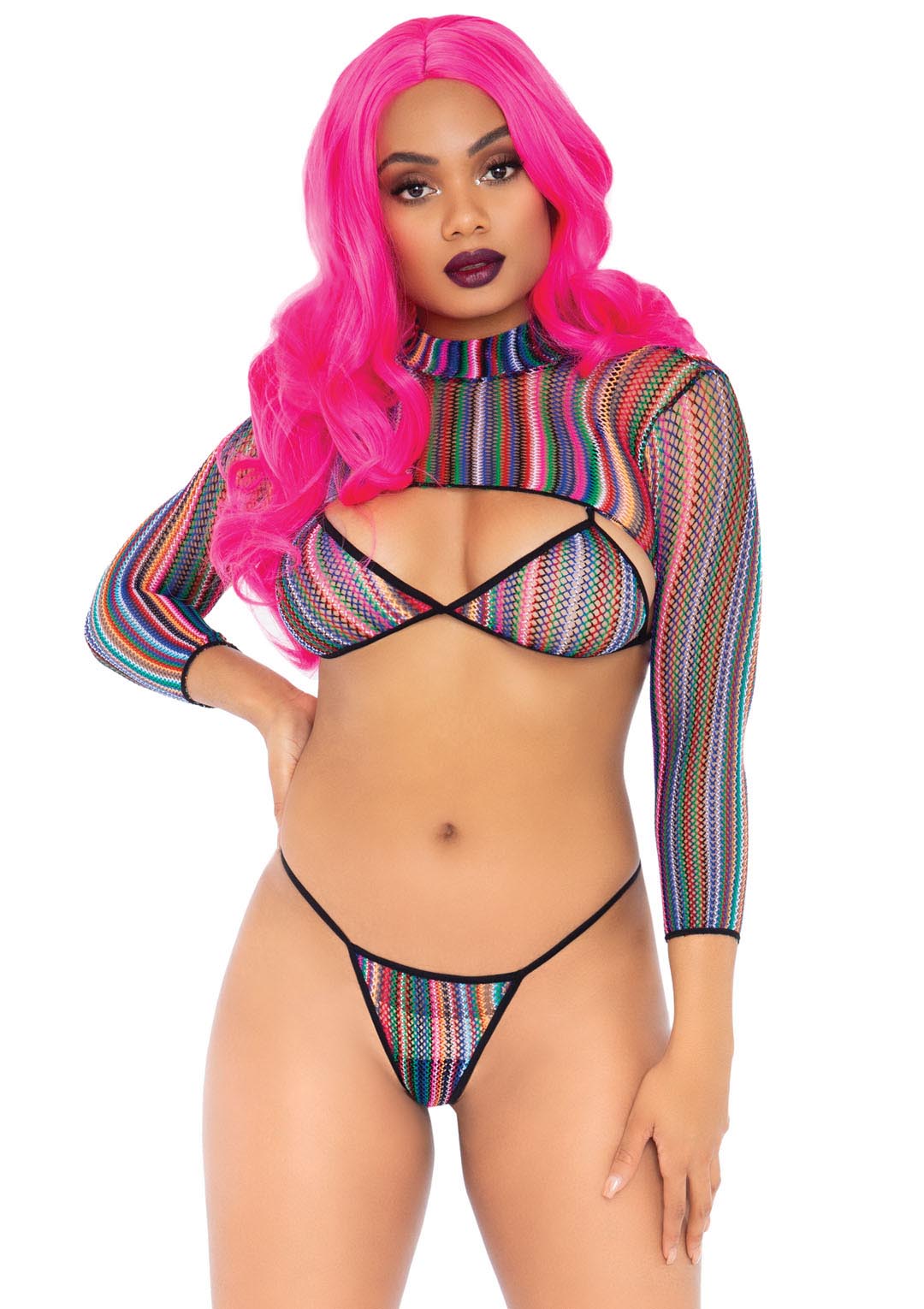 eHmT7rzm4AE0a1fsPij13biNg8dFlyBw 3 Pc Fishnet Bikini G-String and Crop Top - One Size - Multicolor - Image 1