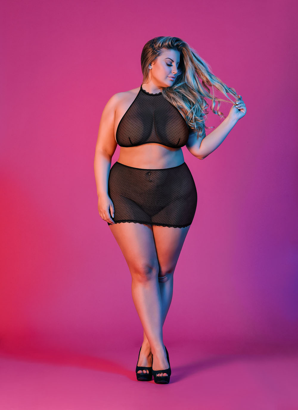 exj6qsOGCht0UyzdNnIPFTQzKwqmxXx5 Sexy Time Polka Dot Mesh Halter and Skirt Set - Black - 1x-3x - Image 1