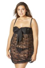 Lace Empire Babydoll With Functional Tie Shelf Cups G-String - Black - 3x/4x