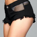 Denim Shorts With Fishnet Top Trimming and Fringe - Medium - Black