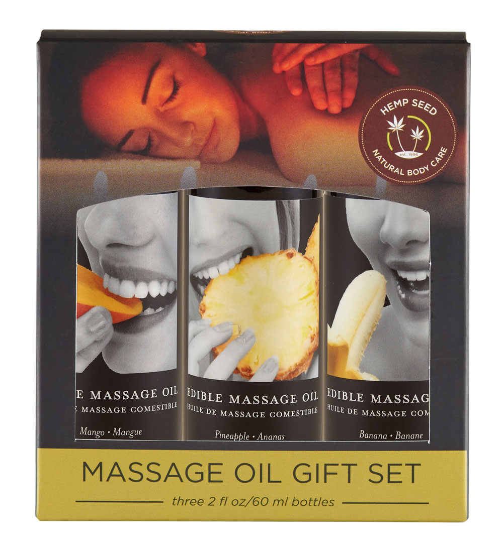 hSHpwDzPPxx8k9k4RtZEsuPi74xRfHVd Edible Massage Oil Gift Set Box - 2 Fl. Oz. Bottles - Banana, Mango, Pineapple - Image 1