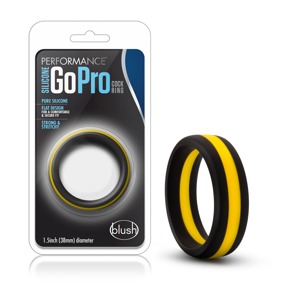 www.blushnovelties.com Performance - Silicone Go Pro Cock Ring - Black/gold/black - Image 1