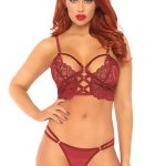 2 Pc Lace Bralette With Cage Strap O-Ring Bodice Detail and Matching G-String - Burgandy - Small/ Medium