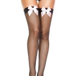 Satin Bow Fishnet Thigh Hi - One Size - Black / Baby Pink