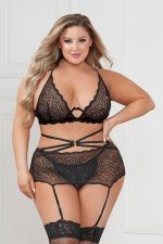 Three Piece Floral Lace Bra, Skirt, and G-String Set - Queen - Black - Image 2