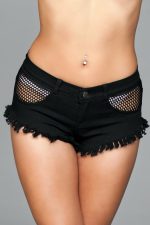 Denim Shorts With Fishnet Top Trimming and Fringe - Medium - Black - Image 3