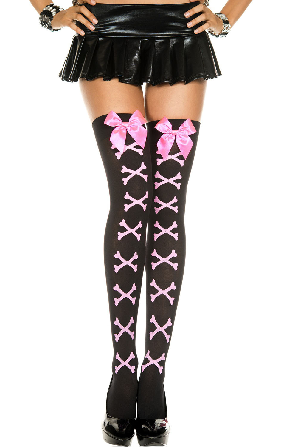 nXH5vugUtKBNO2vpK0E25WWdfn2bql09 Cross Bone and Satin Bow Opaque Thigh Hi - One Size - Black / Pink - Image 1