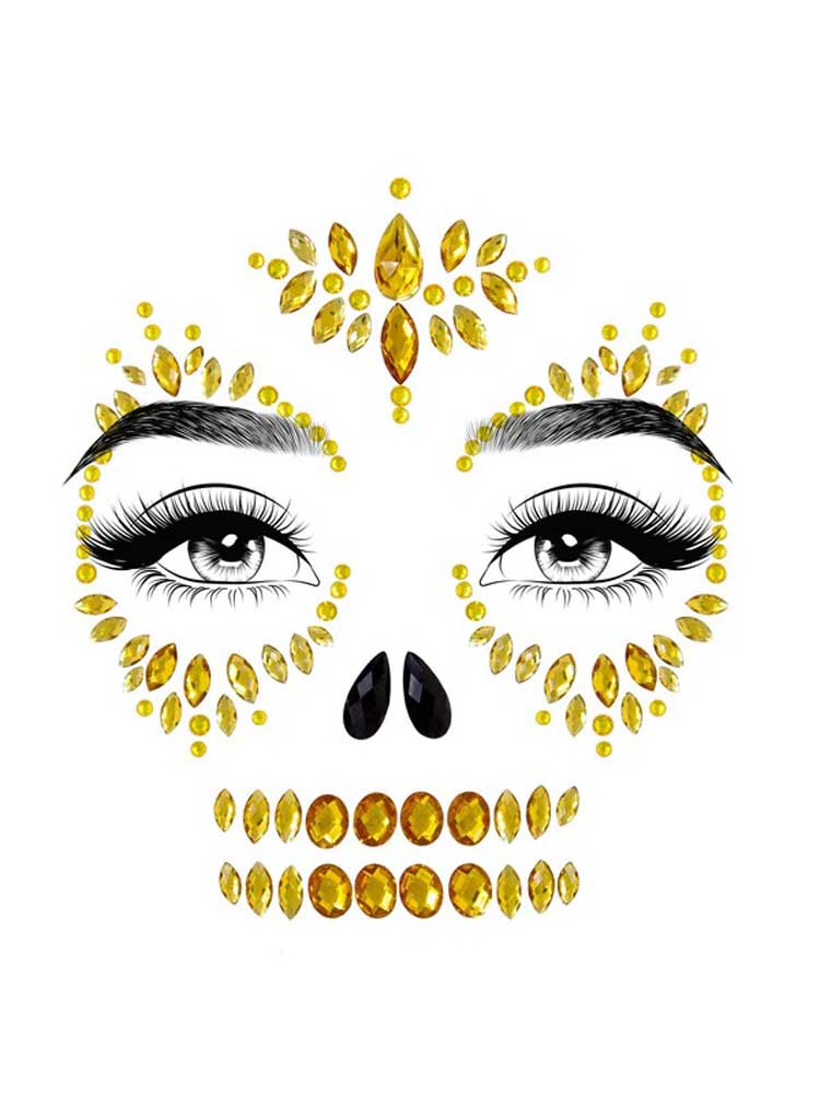 nknP0lKWrK1ZLoVXO3vH3RPg67FvEj2m Sugar Skull Adhesive Face Jewels Sticker - Gold - Image 1