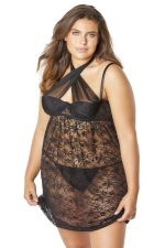 Lace Empire Babydoll With Functional Tie Shelf Cups G-String - Black - 1x/2x - Image 3