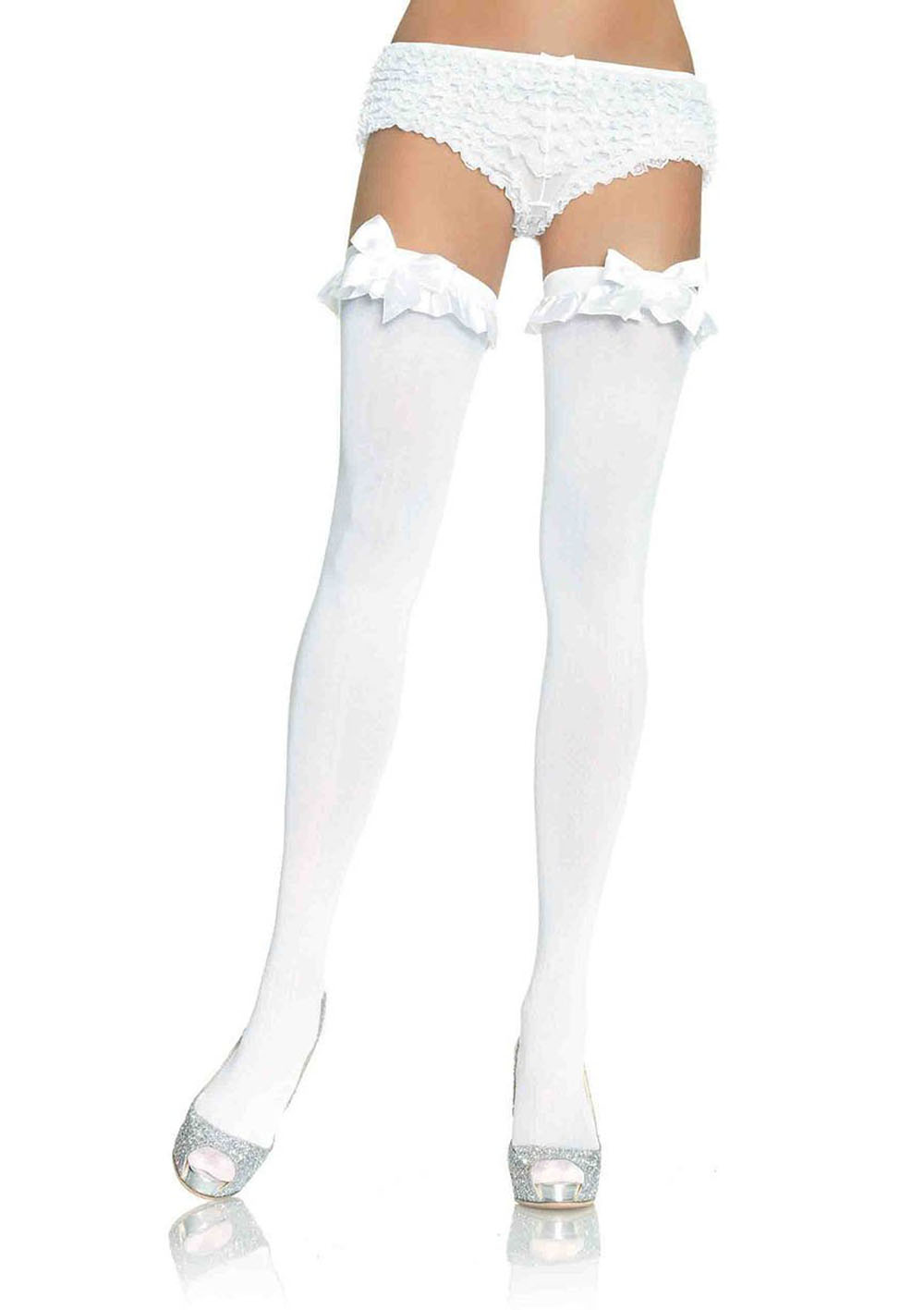 pud67gvaLvVcoQu7sl1YCgPShvZZDOXf Opaque Thigh Highs With Satin Ruffle Trim and Bow - One Size - White - Image 1