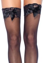 Sheer Lace Top Thigh Highs With Satin Bow Accent - One Size - Black - Image 2