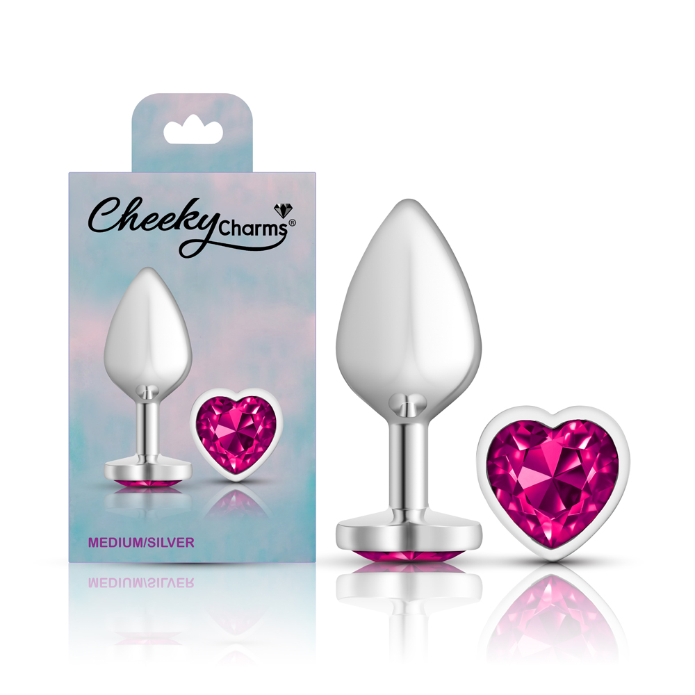 rRkuhJ4T Bright Pink Heart Gem Silver Metal Plug - Md - Image 1