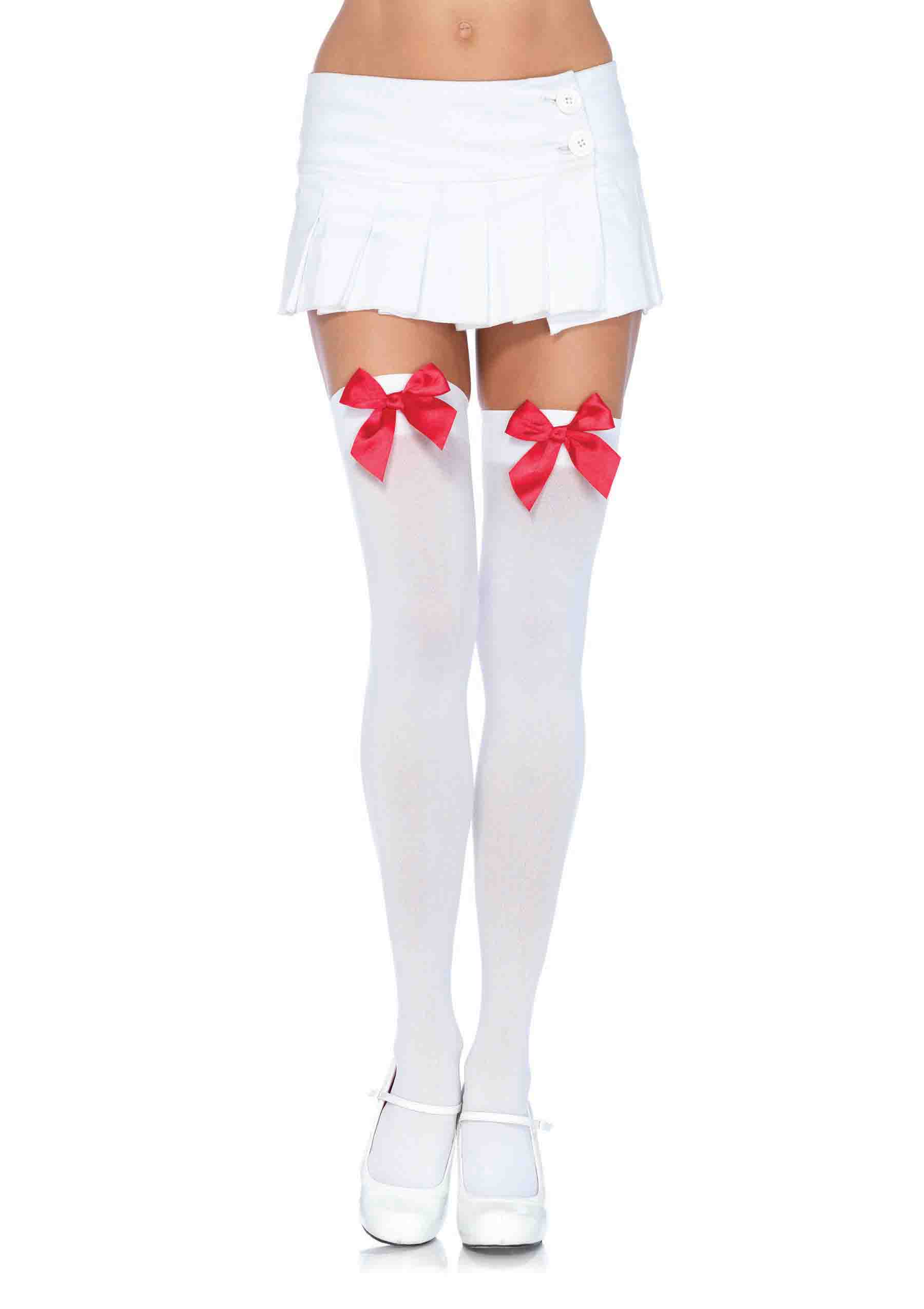 rvBCoclKXLPUXO3mSSuy7x3ecDEPC8pe Nylon Over the Knee Socks - White With Red Bow - Image 1