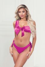 Two Piece Bra Set - Satin Bra With Assymetrical Shoulder Strap, Satin Ribbon Bows, and Thong - One Size - Fuchsia - Image 2