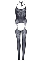 Seamless Lace Jacquard Net Suspender Bodystocking - 1x/2x - Black - Image 3