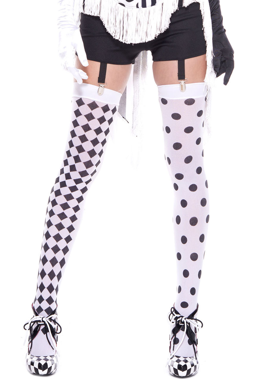 vt3zK9MgPZSCtUJrTDMkJ8fWotPuvlhU Diamond Design and Polka Dot Harlequin Thigh Hi - White / Black - Image 1